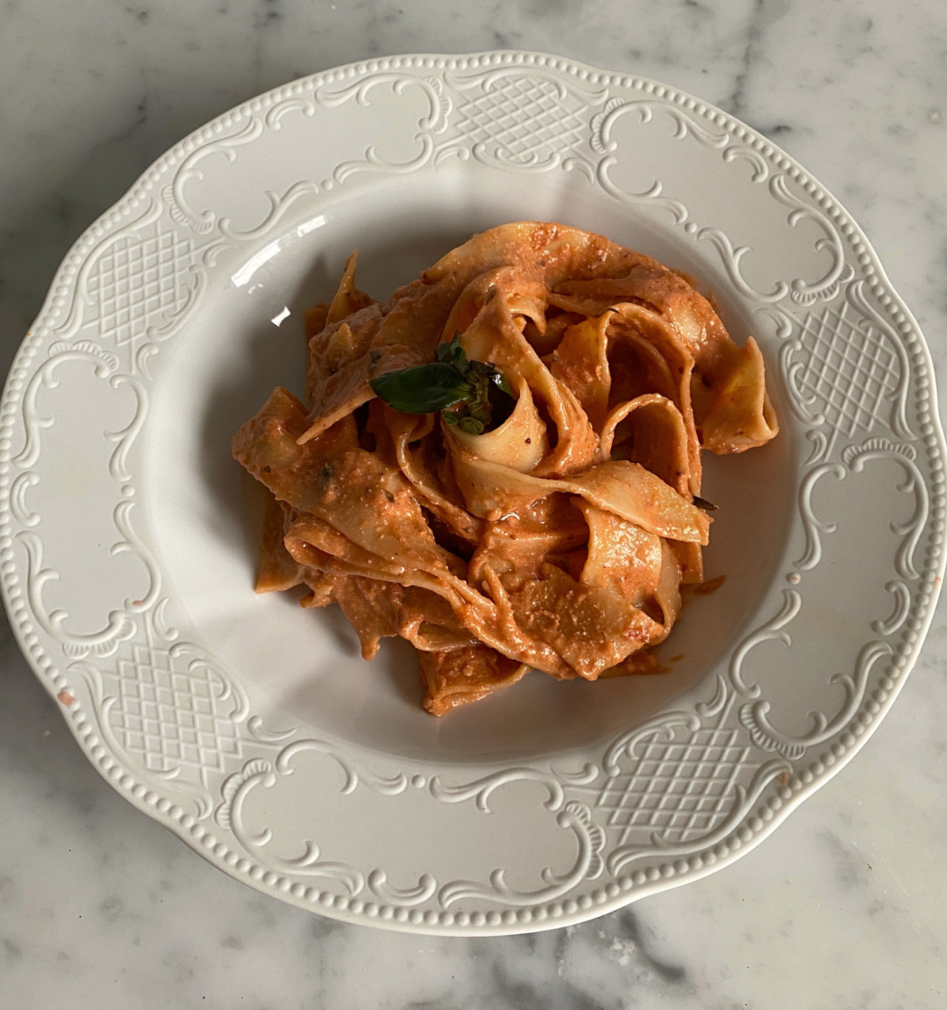 Roasted tomato and strawberry pappardelle